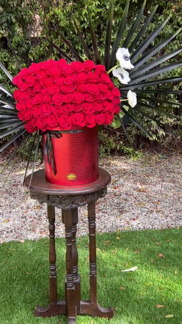 Dome of dozens of red roses with three white anemones in a metallic red croc-textured cylinder box with black Diamond Vase ribbon and gold plaque, on a carved wooden plant stand on a lawn with a fan palm behind.